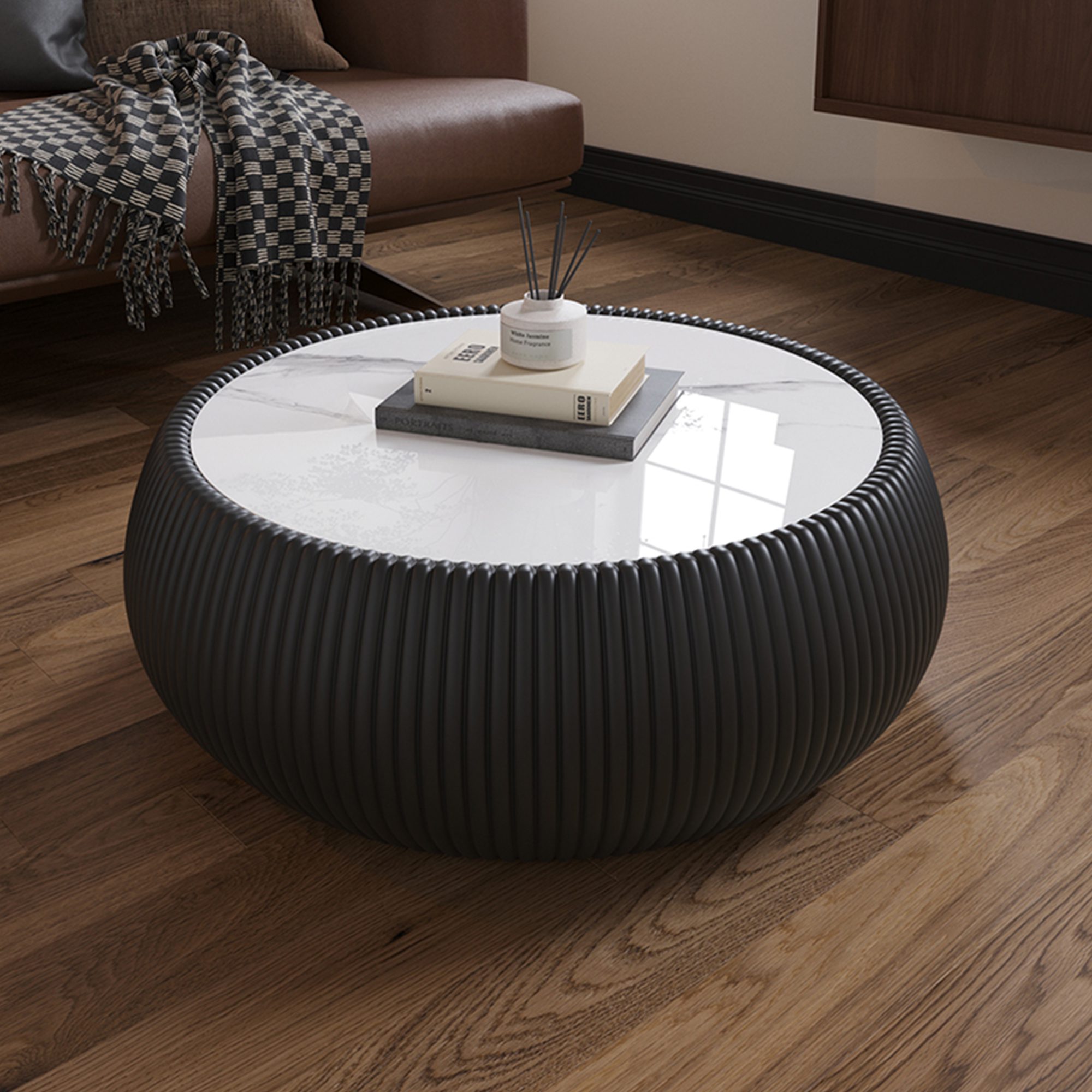 7 Black Round Faux Marble Coffee Table with Vertical Fluted PU Leather Hollow Drum Base, Modern Minimalist Living Room Center Table - Image 1
